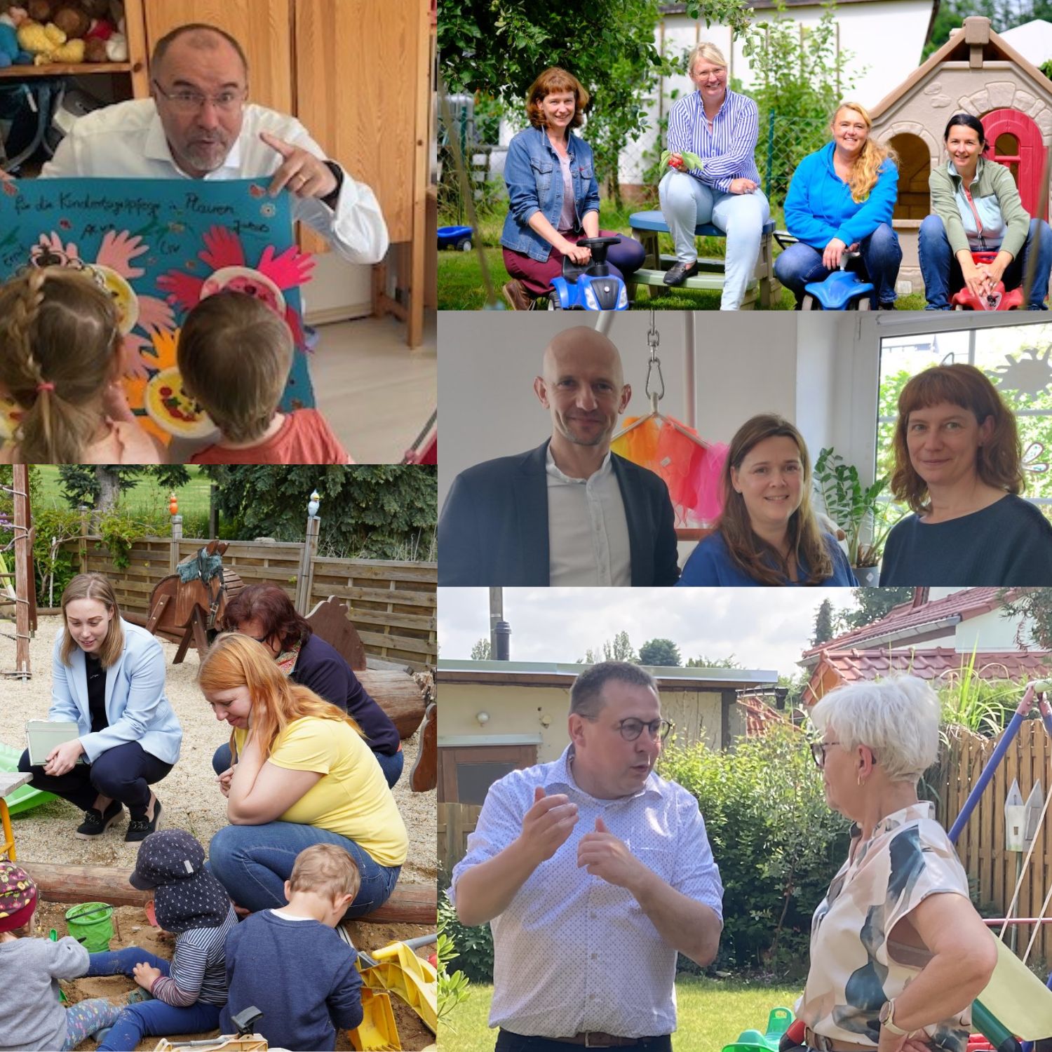 Collage: verschiedene Gäste aus Politik und Verwaltung zu Gast in Kindertagespflegen
