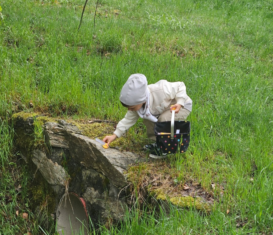 Ob es hier jemand findet? Ein Kind platziert eine Quietscheente mitten im Grünen.